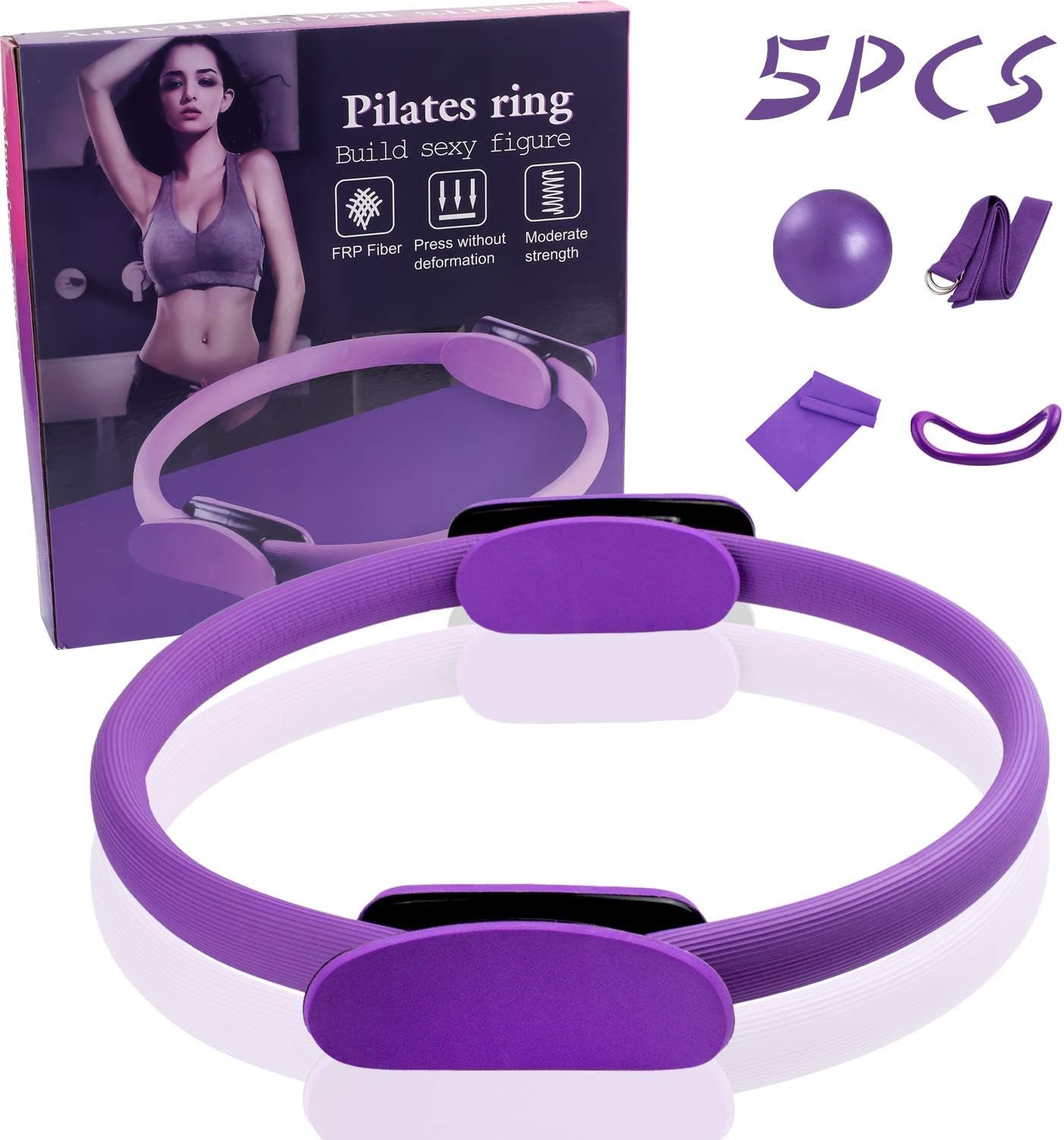 5 Pcs Pilates Ring Set 14" Yoga Fitness Magic Circle Pilates Equipment for Home Workouts Include Ball,Stretching Strap,Extension Strap and Training Ring for Fitness Kit