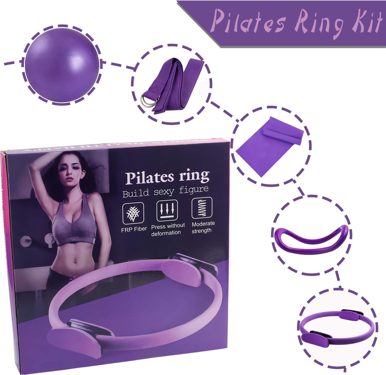 5 Pcs Pilates Ring Set 14" Yoga Fitness Magic Circle Pilates Equipment for Home Workouts Include Ball,Stretching Strap,Extension Strap and Training Ring for Fitness Kit