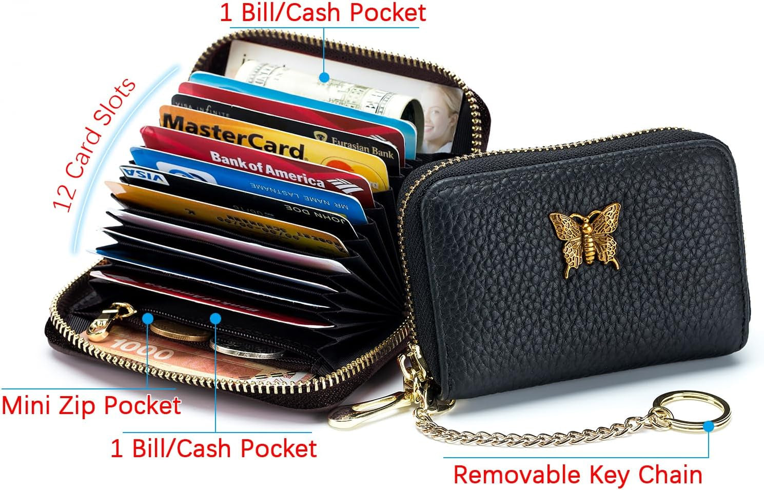 RFID Credit Card Holder for Women Genuine Leather Card Case Wallet with Zipper and Removable Keychain (Black)