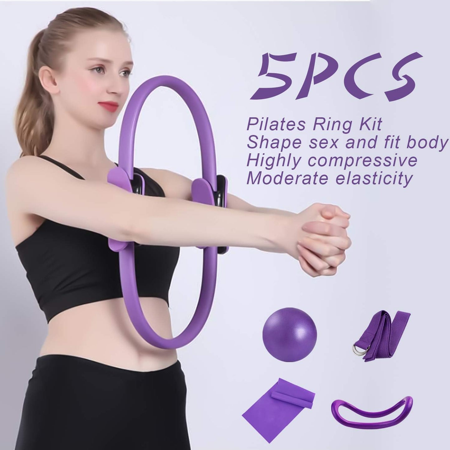 5 Pcs Pilates Ring Set 14" Yoga Fitness Magic Circle Pilates Equipment for Home Workouts Include Ball,Stretching Strap,Extension Strap and Training Ring for Fitness Kit