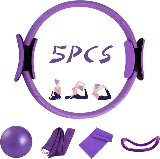 5 Pcs Pilates Ring Set 14" Yoga Fitness Magic Circle Pilates Equipment for Home Workouts Include Ball,Stretching Strap,Extension Strap and Training Ring for Fitness Kit