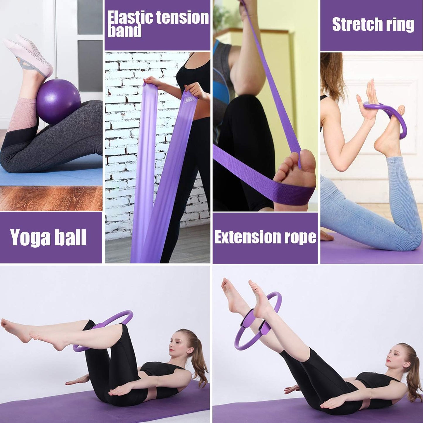 5 Pcs Pilates Ring Set 14" Yoga Fitness Magic Circle Pilates Equipment for Home Workouts Include Ball,Stretching Strap,Extension Strap and Training Ring for Fitness Kit
