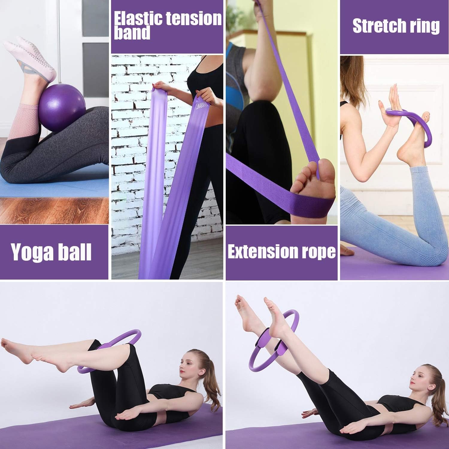 5 Pcs Pilates Ring Set 14" Yoga Fitness Magic Circle Pilates Equipment for Home Workouts Include Ball,Stretching Strap,Extension Strap and Training Ring for Fitness Kit